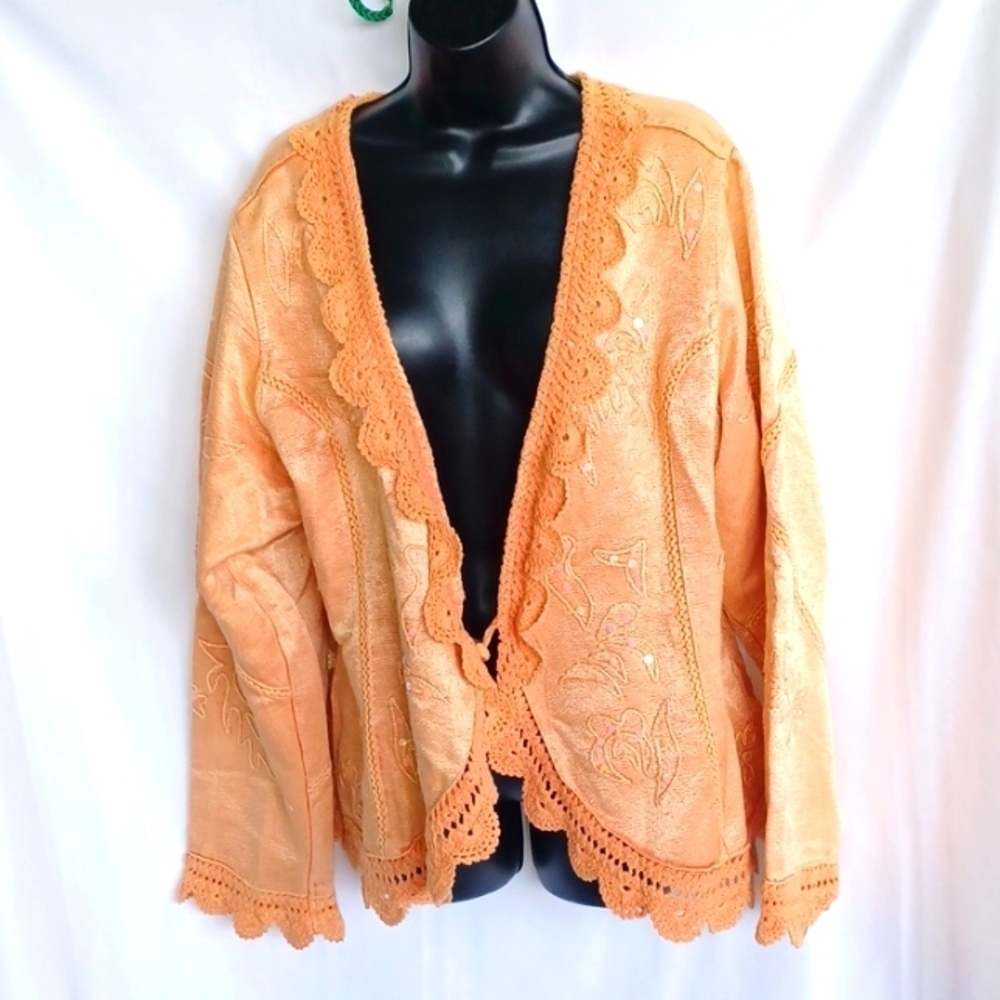 Flashback Peach Blazer with Crochet Trim, Embroidered & Sequins, XL, Shiny